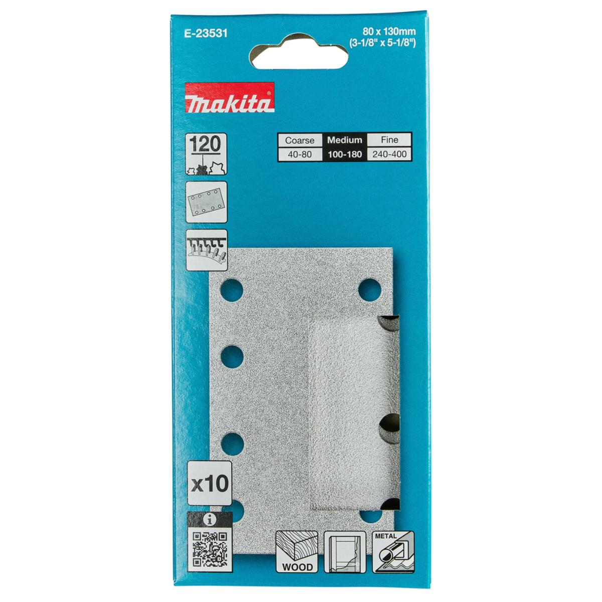 Makita Schleifpapier 80x130mm, Körnung A120,Klett, 8 Loch, 10 Stück