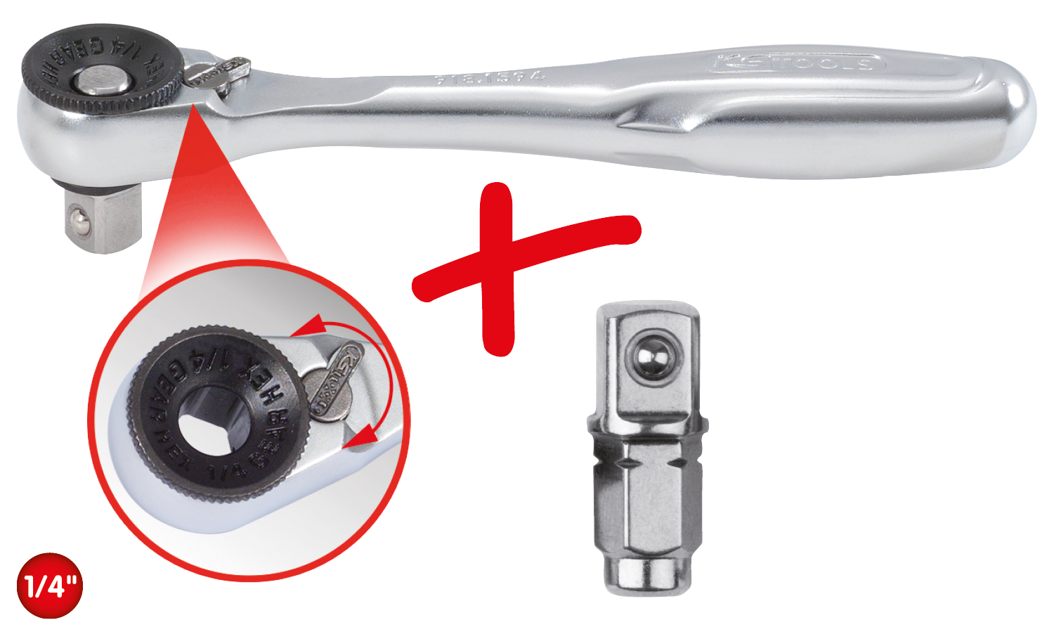 KS Tools 1/4" Bit-Umschaltknarre mit Steckadapter für Stecknüsse