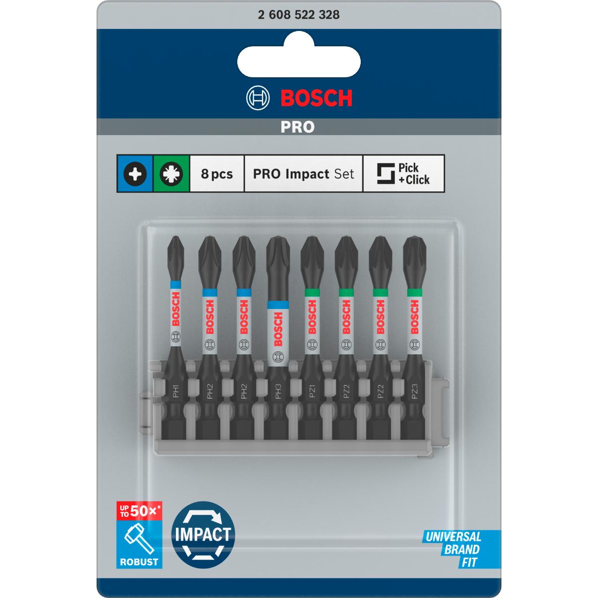 Bosch PRO Schrauberbit-Set Impact Control, 8-teilig, PH1, 3x PH2, PH3, 2 x PZ2, PZ3, 25 mm