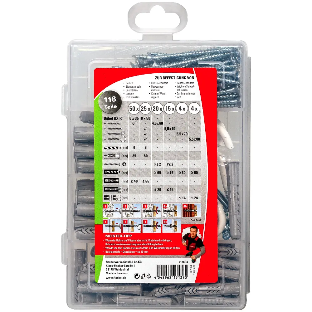 Fischer Dübelsortiment Meister-Box Universaldübel UX + Schrauben + Haken
