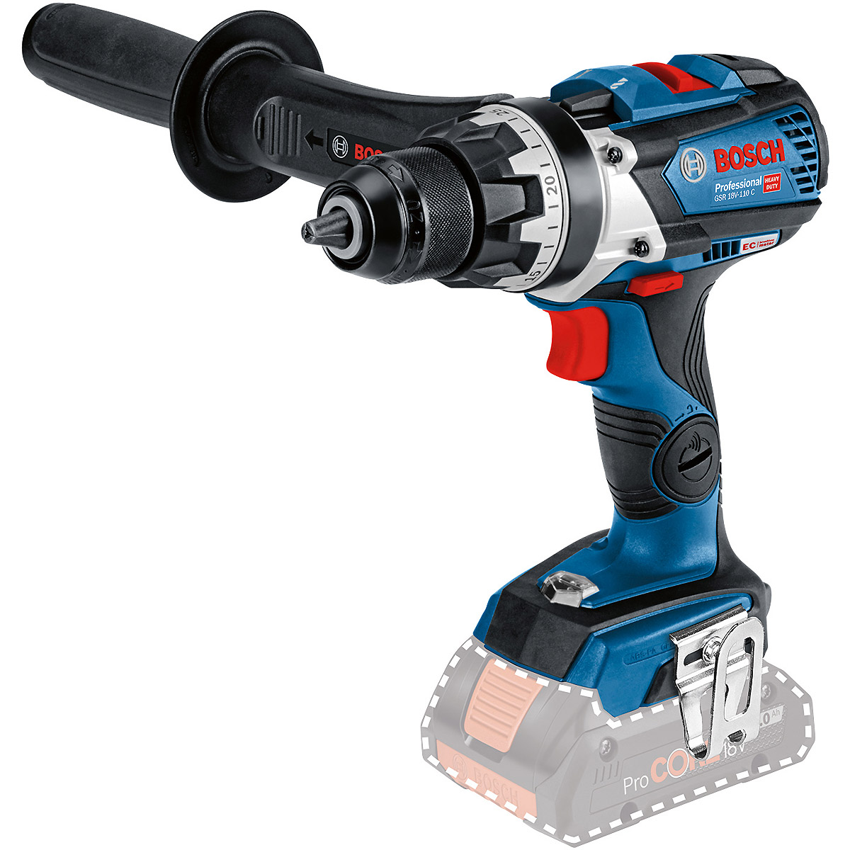 Bosch Akku-Bohrschrauber GSR 18V-110 C, Solo Version mit Zusatzhandgriff