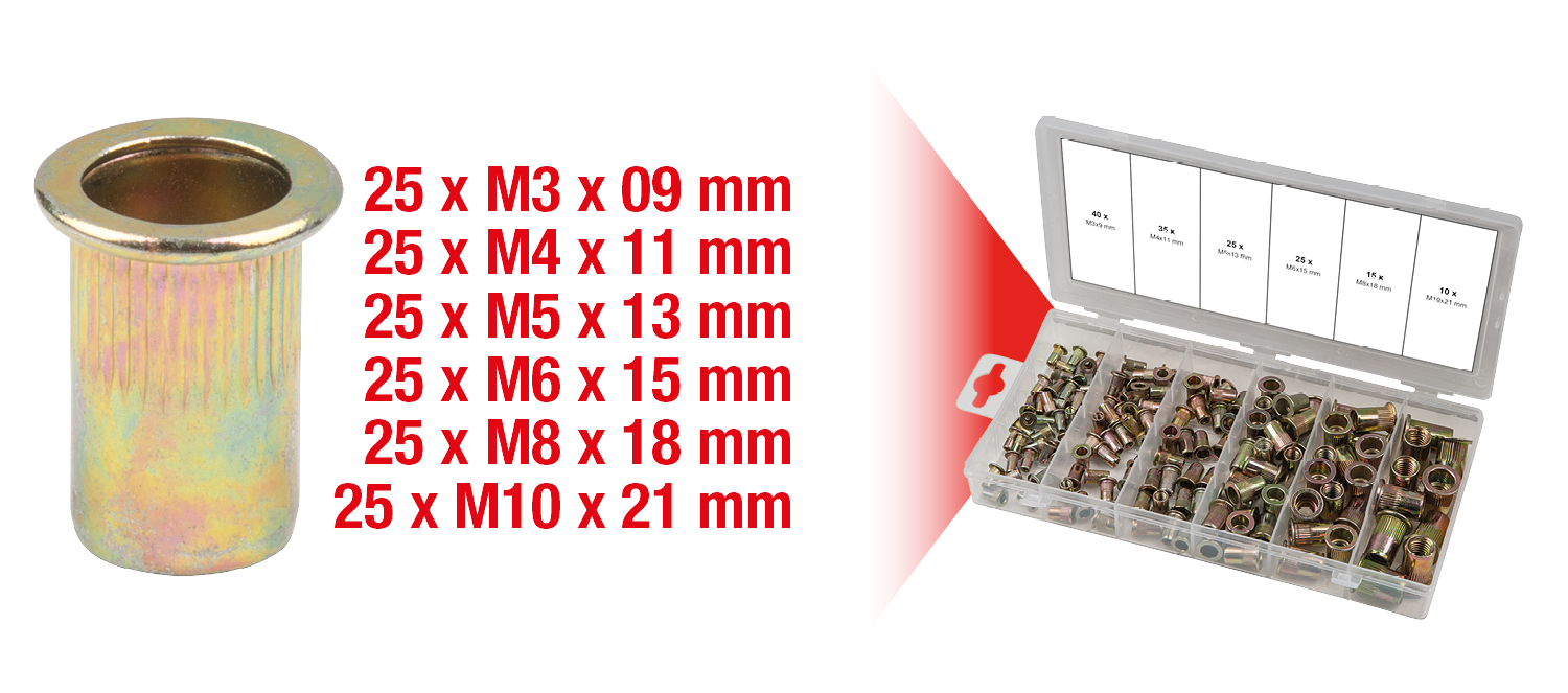 KS Tools Sortiment Gewindenieten, Stahl, M3x9mm-M10x21mm, 150-tlg