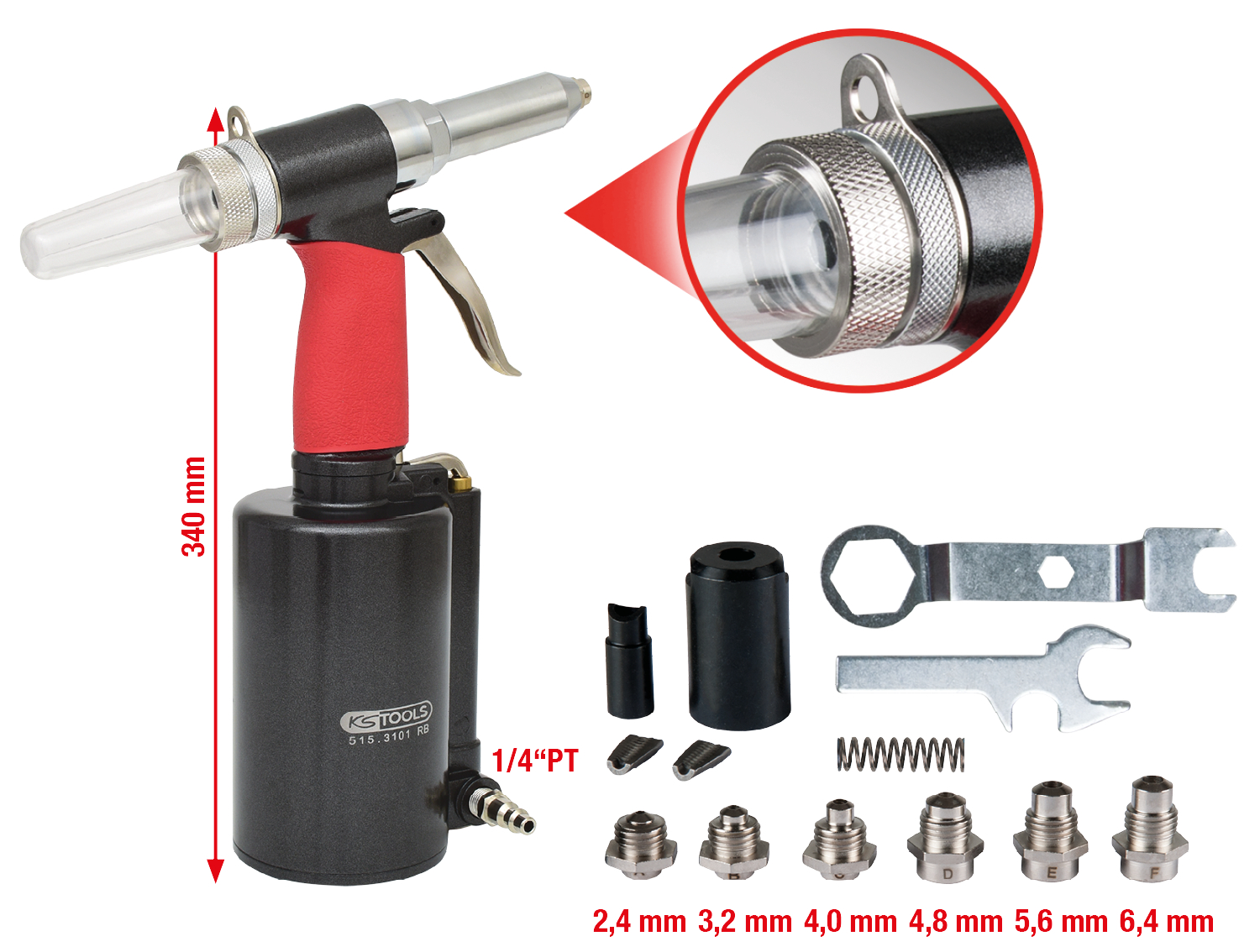 KS Tools Druckluft-Blindniet-Pistole, 2,4-3,2-4-4,8-5,6-6,4mm