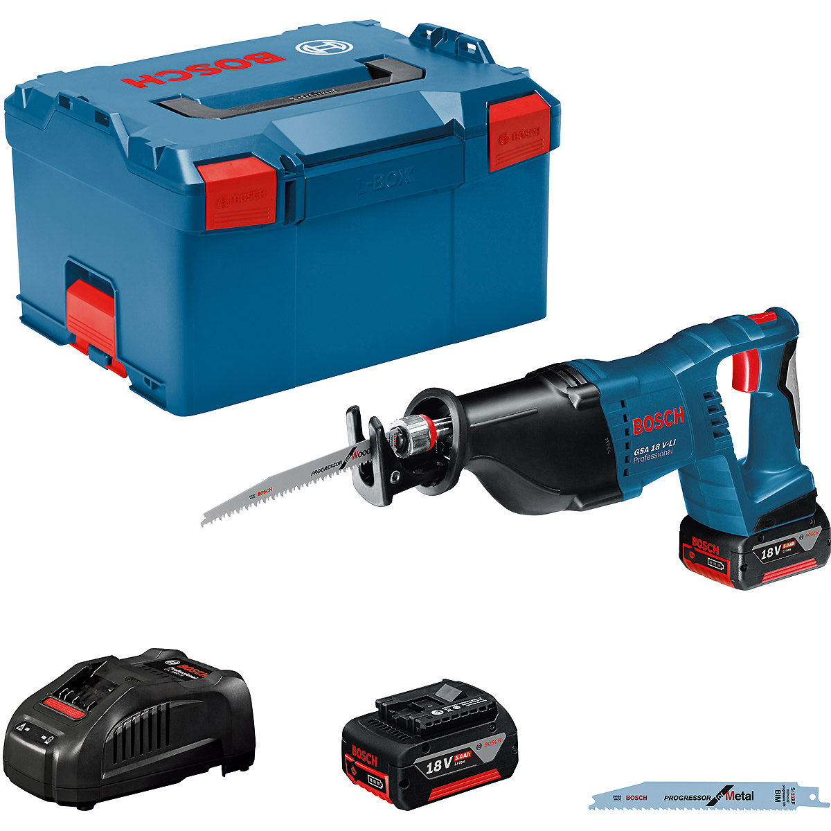 Bosch Akku-Säbelsäge GSA 18 V-LI, mit 2 x 5.0 Ah Li-Ion Akku, L-BOXX