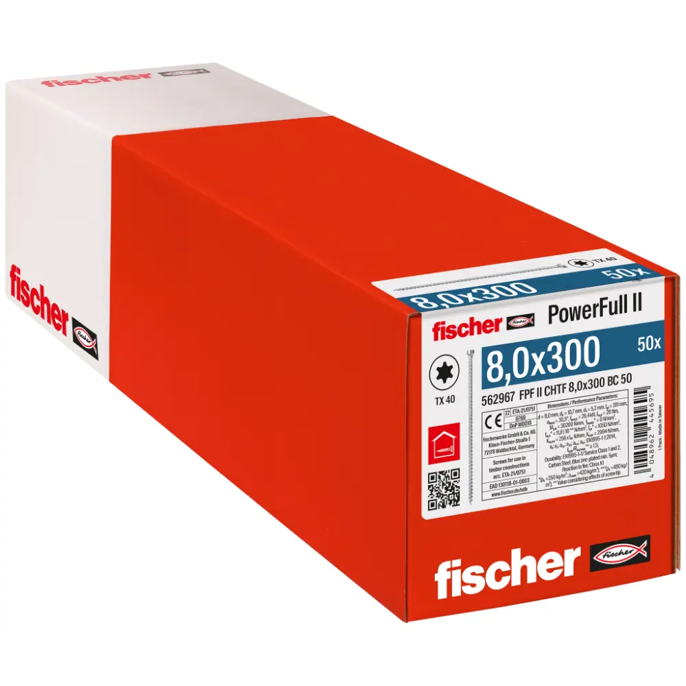 Fischer Vollgewindeschraube 8,0x300 PowerFull FPF II CHTF 6/8 BC, Vollgewinde, Zylinderkopf, TX