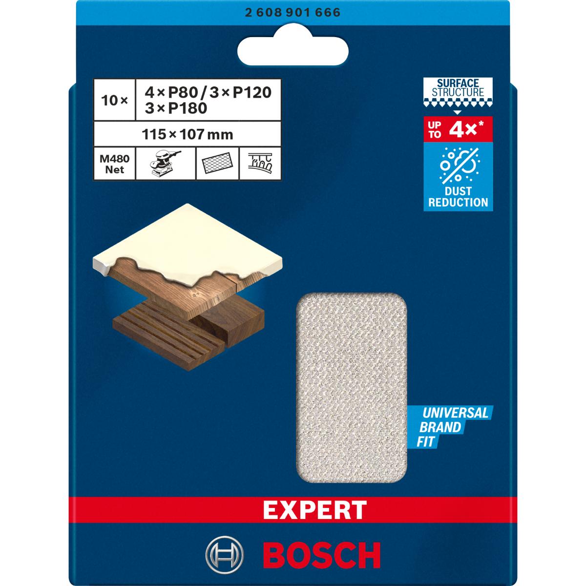 Bosch EXPERT M480 Schleifnetz-Set, 115 x 107 mm, K 80/120/180, 10 Stück