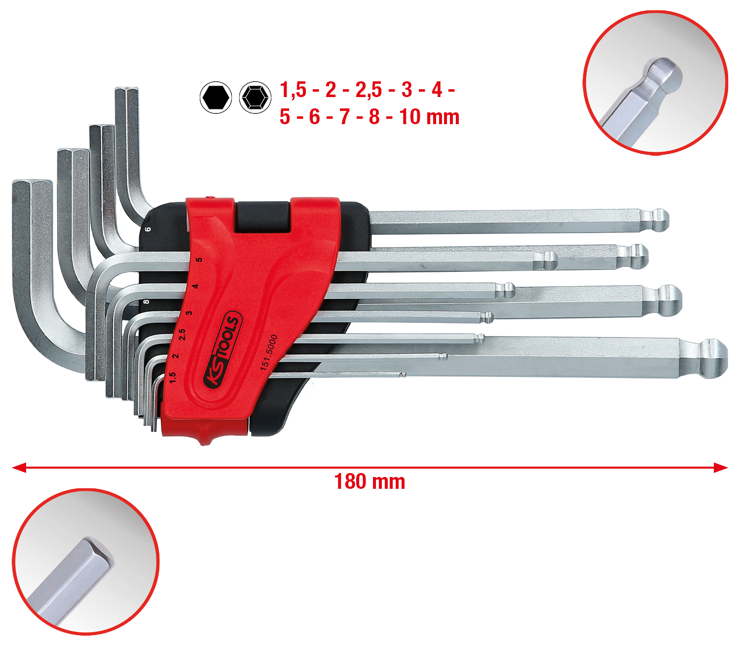 KS Tools Kugelkopf-Innensechskant-Winkelstiftschlüssel-Satz, lang, 10-tlg