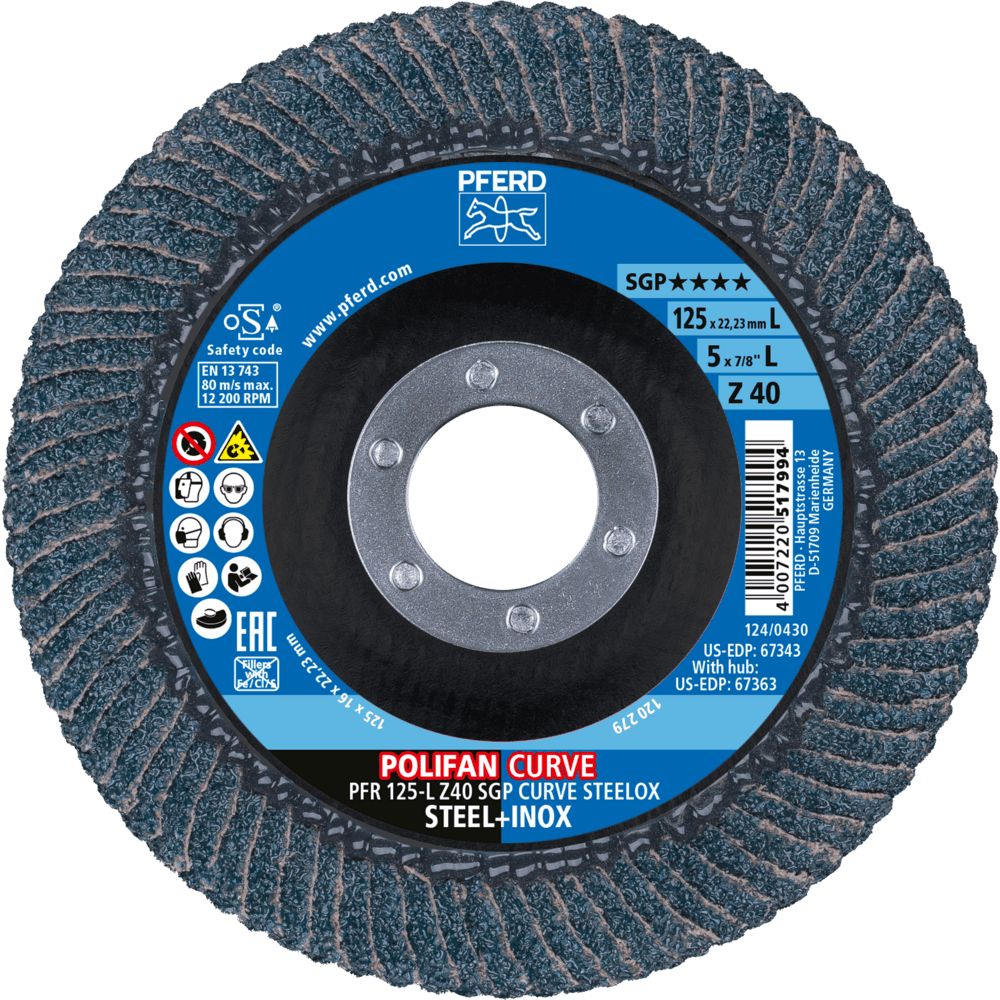 PFERD TOOLS POLIFAN CURVE Fächerscheibe PFR 125x22,23 mm SGP STEELOX für Stahl/Edelstahl