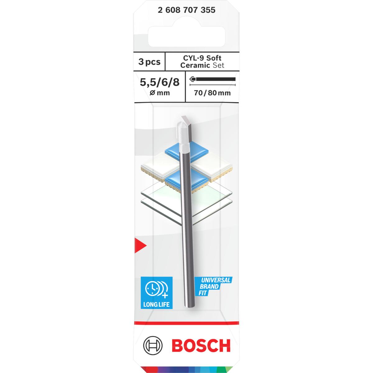 Bosch CYL-9 Soft Ceramic Bohrer-Set, 5,5 x 70, 6 x 80, 8 x 80 mm, 3-teiliges Set