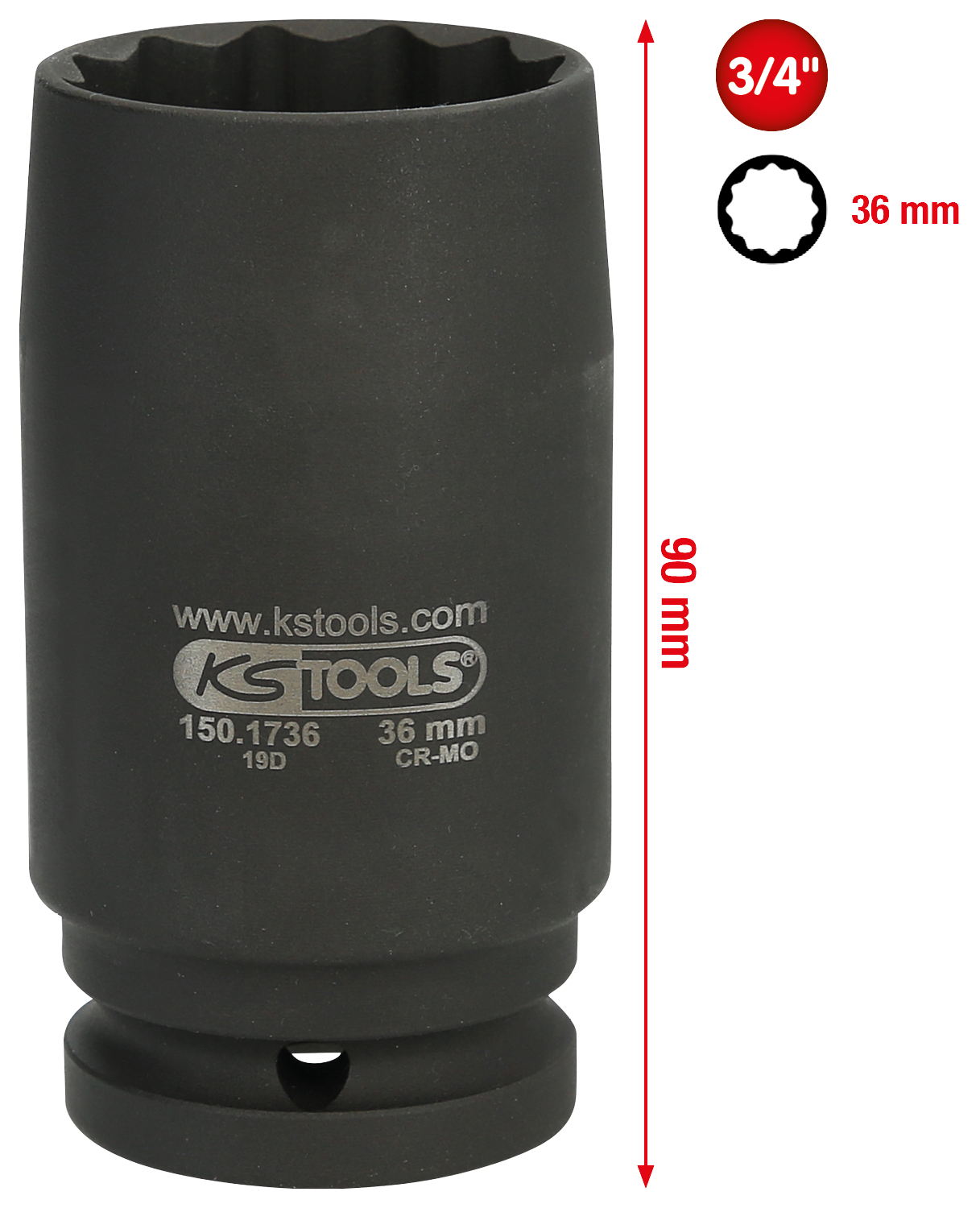 KS Tools 3/4" 12-kant-Antriebswellen-Kraftstecknuss, dünnwandig, 36mm