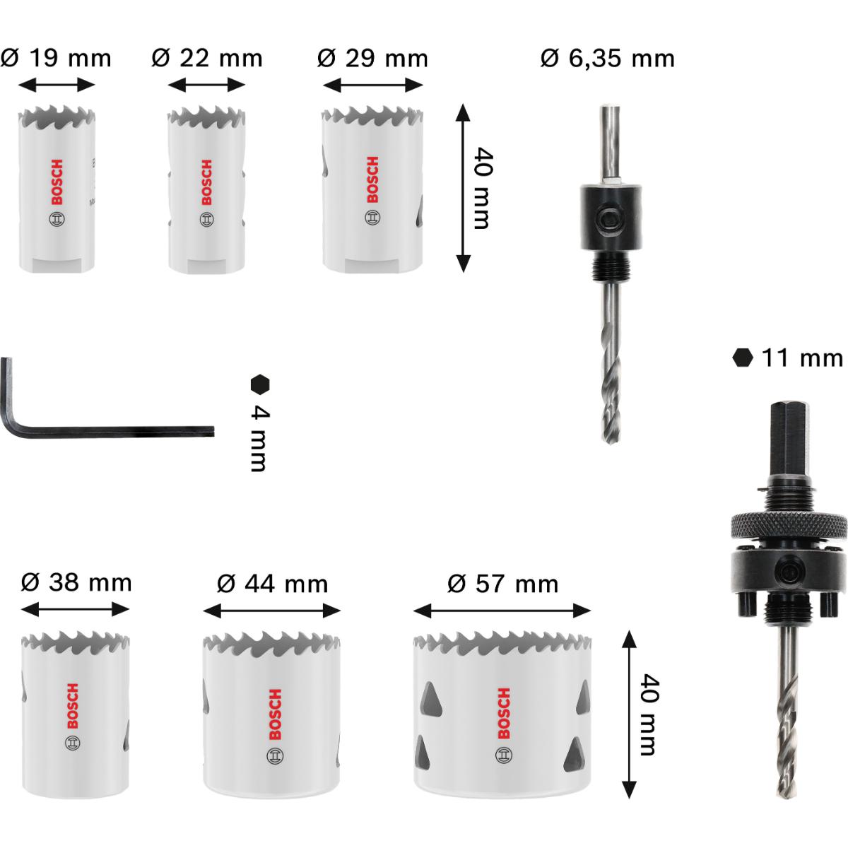 Bosch Multi Material Lochsägen mit Gewinde, 19, 22, 29, 38, 44, 57 x 40 mm, 9-teiliges Set