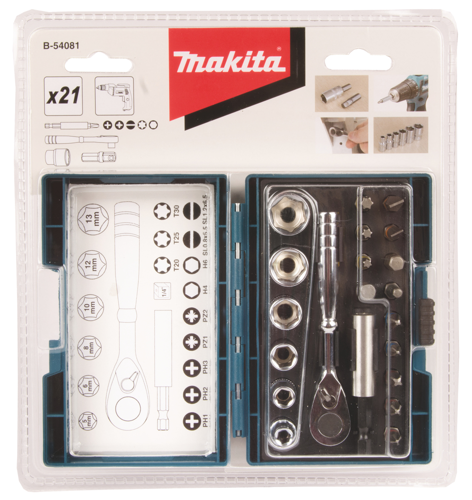 Makita Ratschen-Bit-Set, 21-teilig - PH, PZ, T, SL, H  - B-54081