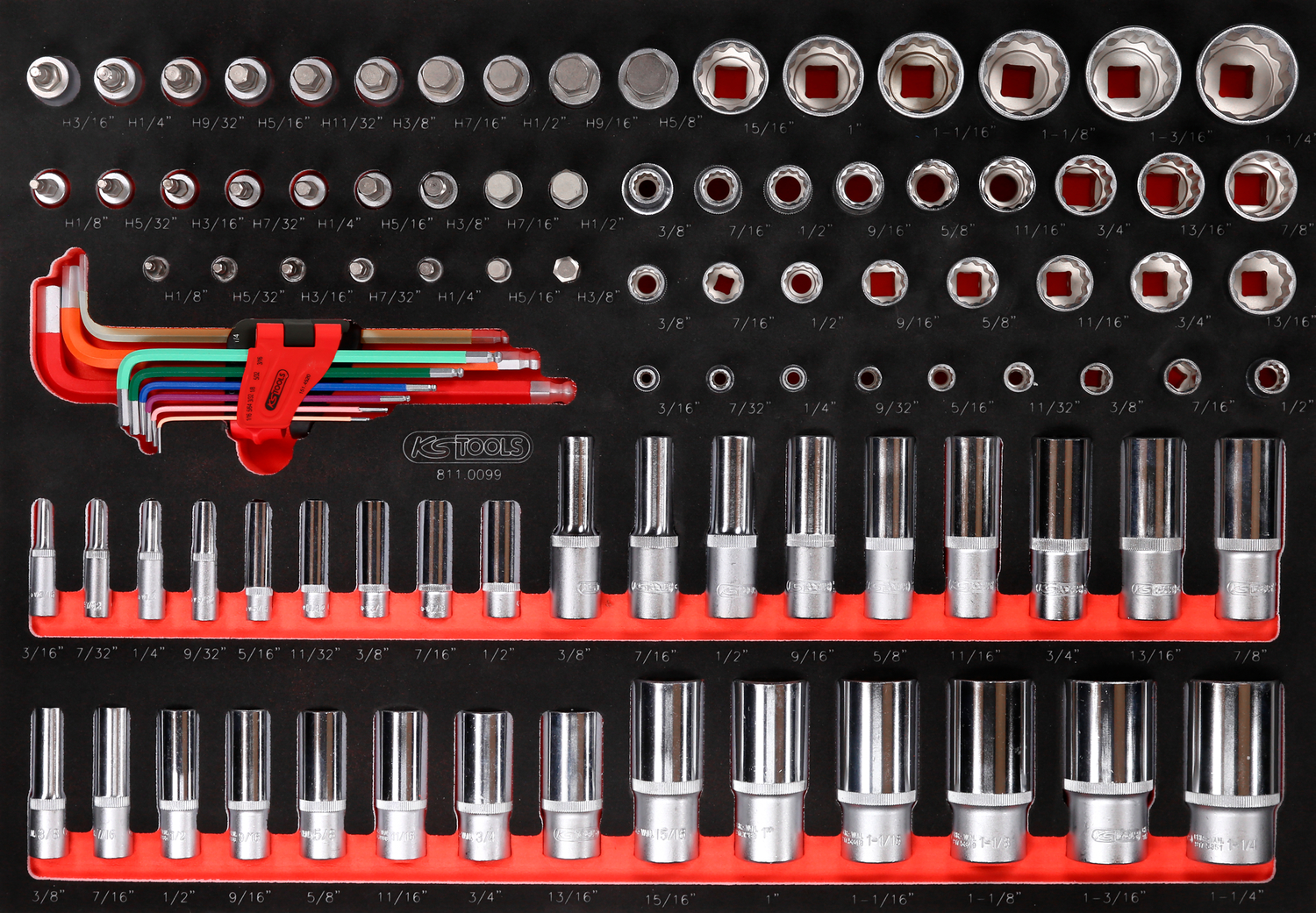 KS Tools 1-4'' + 3-8'' + 1-2'' Steckschlüssel-Satz in Schaumstoffeinlage, 99-tlg, Zoll