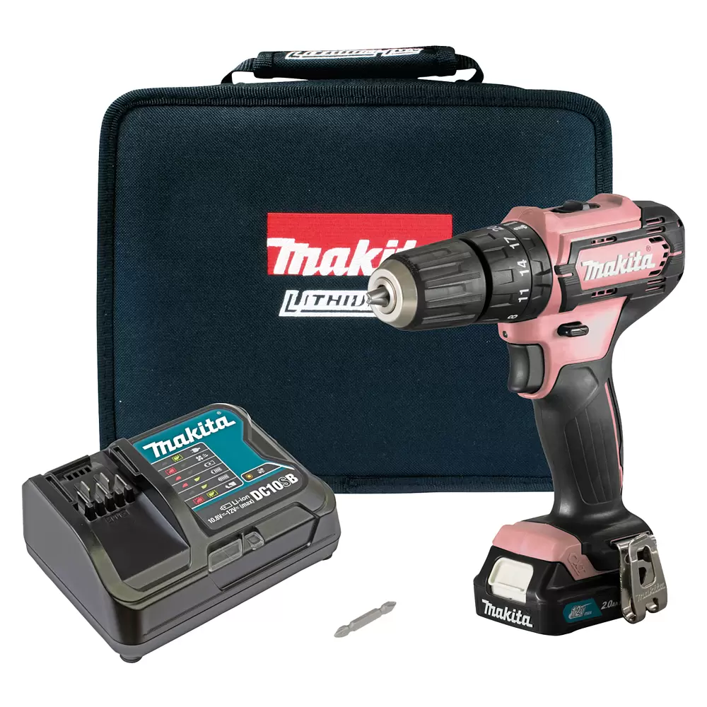 Makita Akku-Schlagbohrschrauber CXT 12V max. / 2,0 Ah, 1 Akku + Ladegerät in Soft-Bag mit pinkem Gehäuse