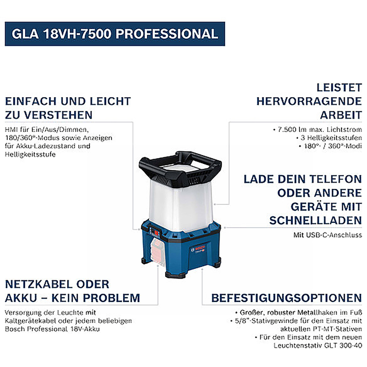 Bosch Akku-Bauleuchte GLA 18VH-7500 + Kaltgerätekabel