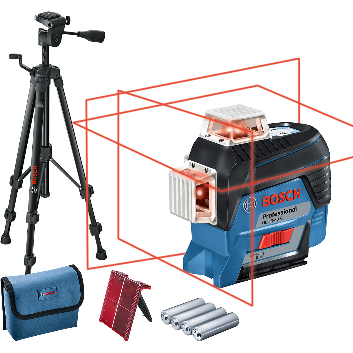 Bosch Linienlaser GLL 3-80 C, mit 4 x 1,5 V-LR6, AA1 Akku-Adapter, Baustativ BT 150