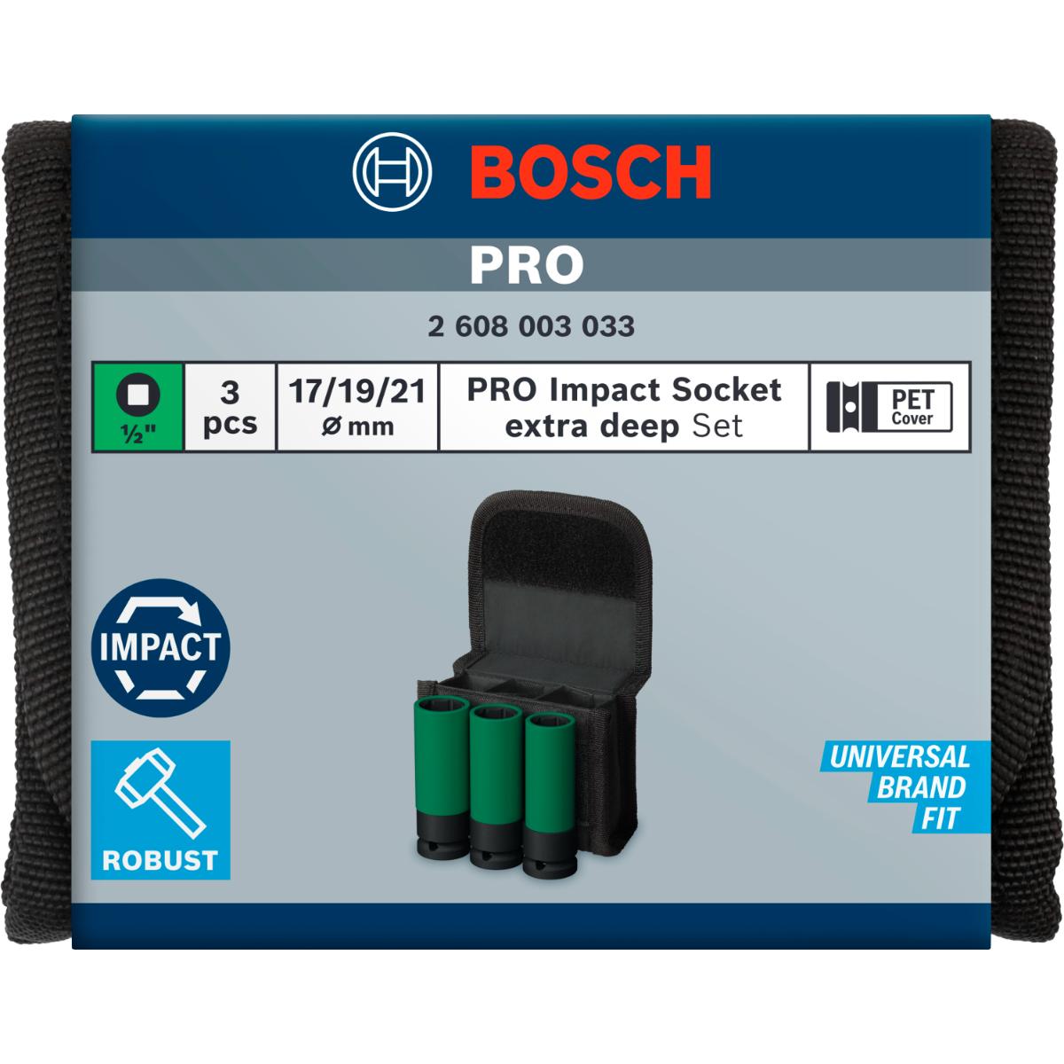 Bosch PRO Impact Socket Set mit PET-Abdeckungen, 1/2", extra tief, 3 teiliegs Set