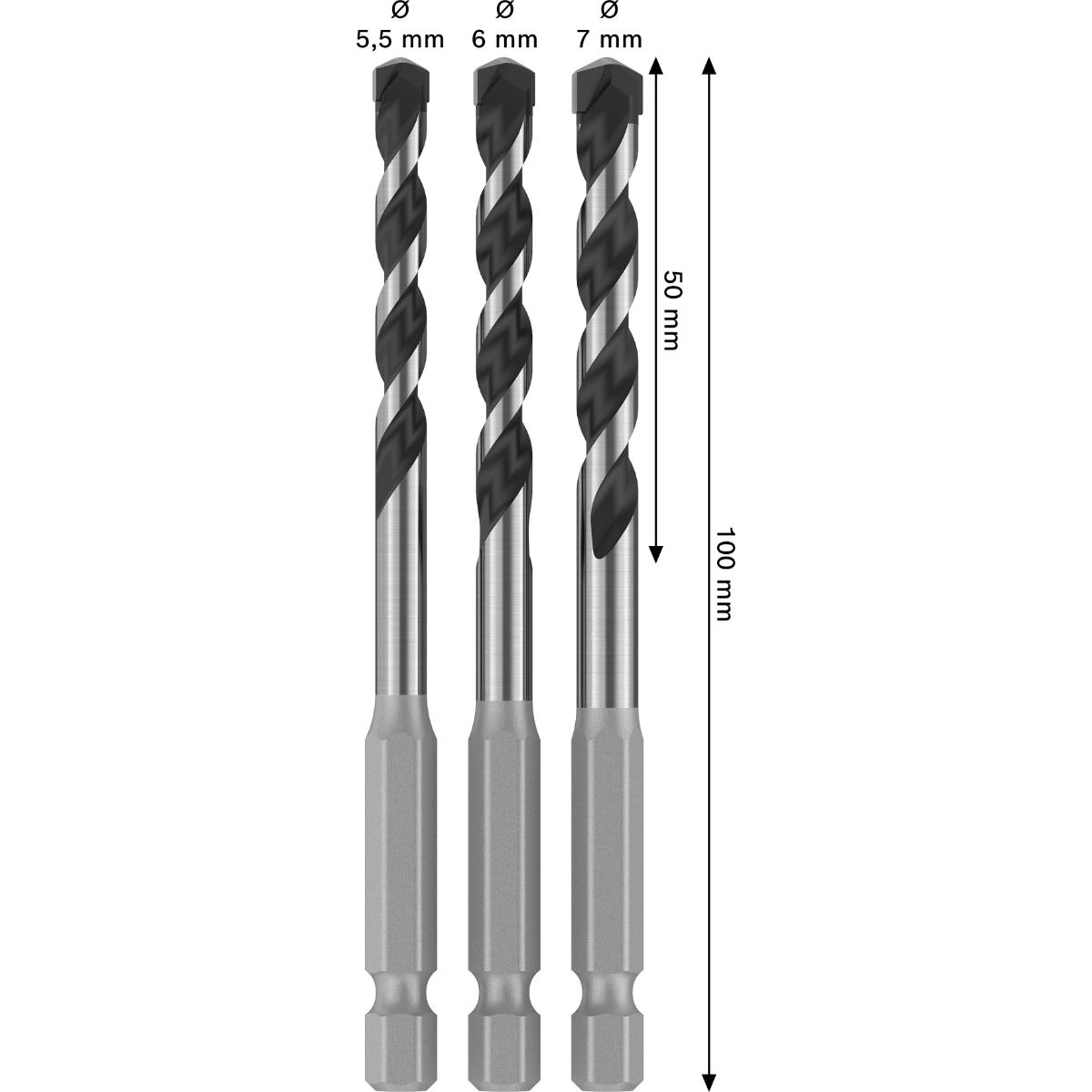 Bosch PRO HEX-5 Bohrer 5,5x100, 6x100, 7x100 mm, 3-teiliges Set