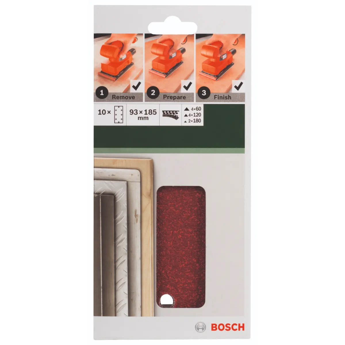 Bosch Schleifblatt-Set für Schwingschleifer K=60/120/180, 93 x 185 mm, 8 Loch, 10-tlg.