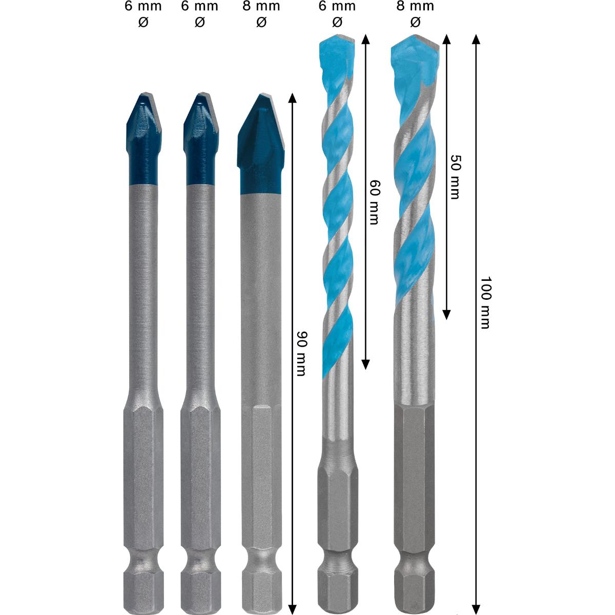 Bosch EXPERT HEX-9 Hard Ceramic und HEX-9 Multi Construction Bohrer 6/8 mm, 5-teiliges Set