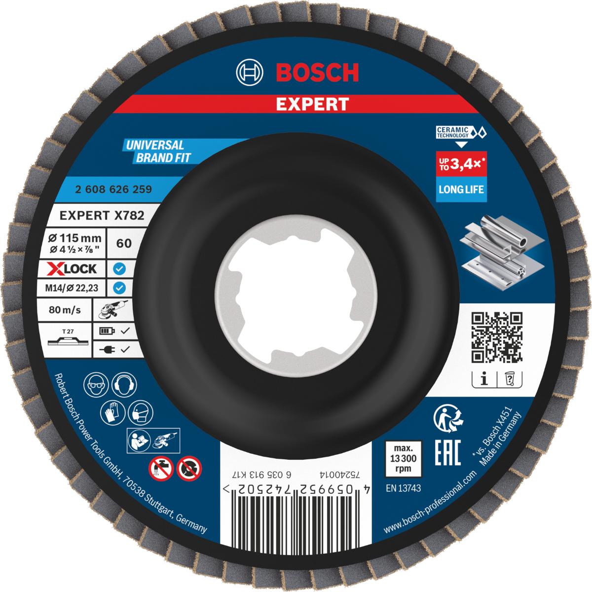 Bosch EXPERT X782 Fächerschleifscheibe Kunststoff, gerade, 115 mm, K60, X-Lock