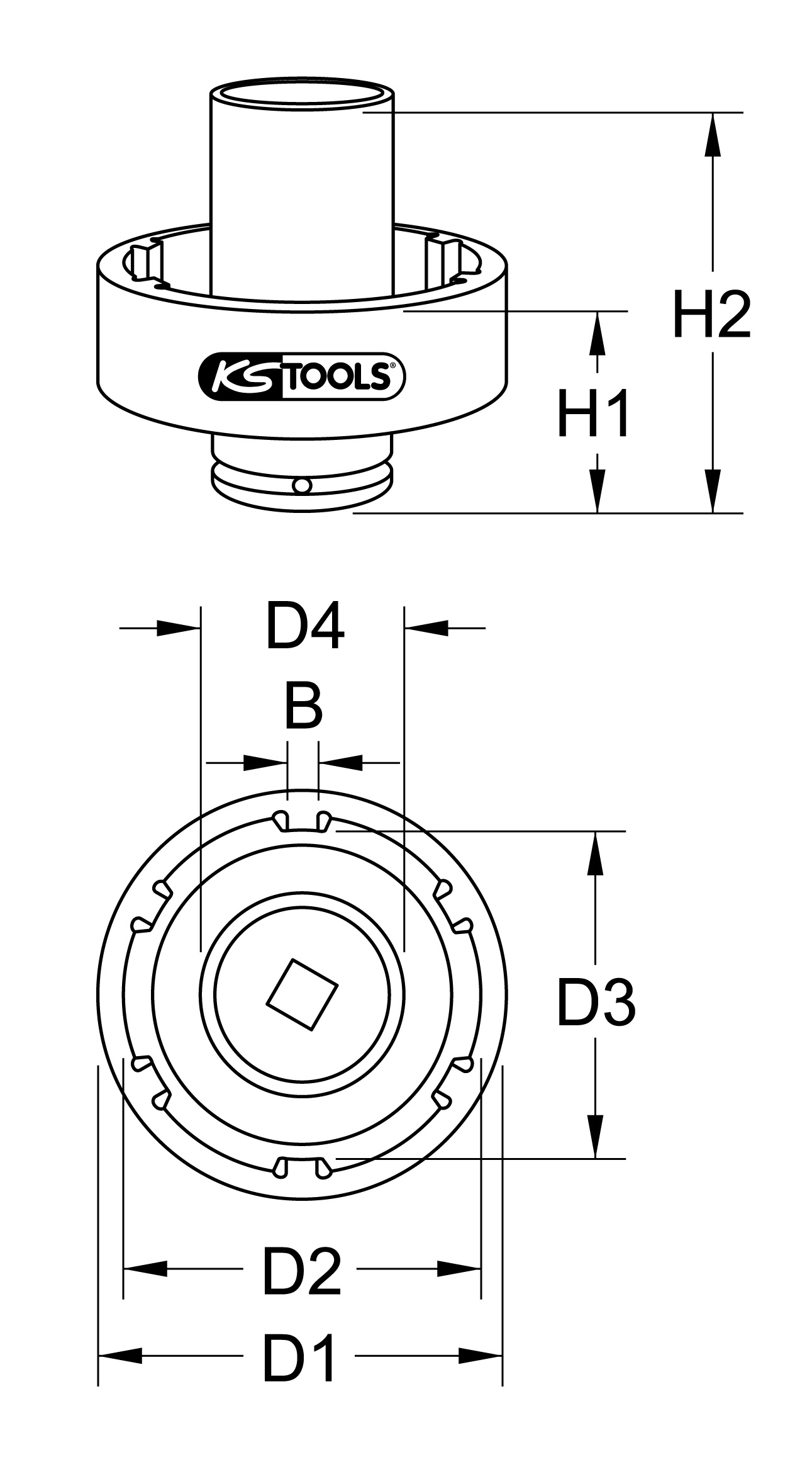 KS Tools 3/4" Nutmuttern-Schlüssel mit 6 Zapfen mit Führungsrohr für Mercedes, Innenzapfen Ø 46 mm