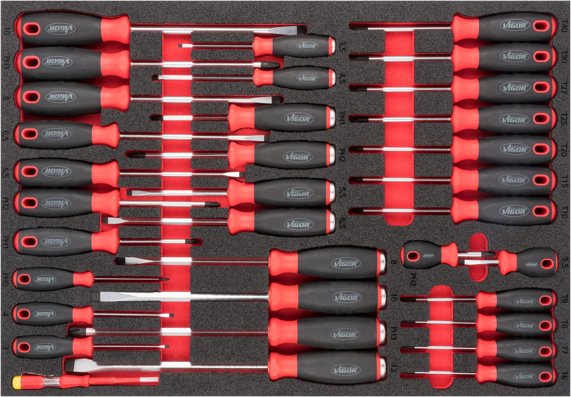 VIGOR Schraubendreher V6813, 0,5 x 3 - 1,6 x 10 · PH0 - PH3 · T6 - T40, 34-teiliges Set 