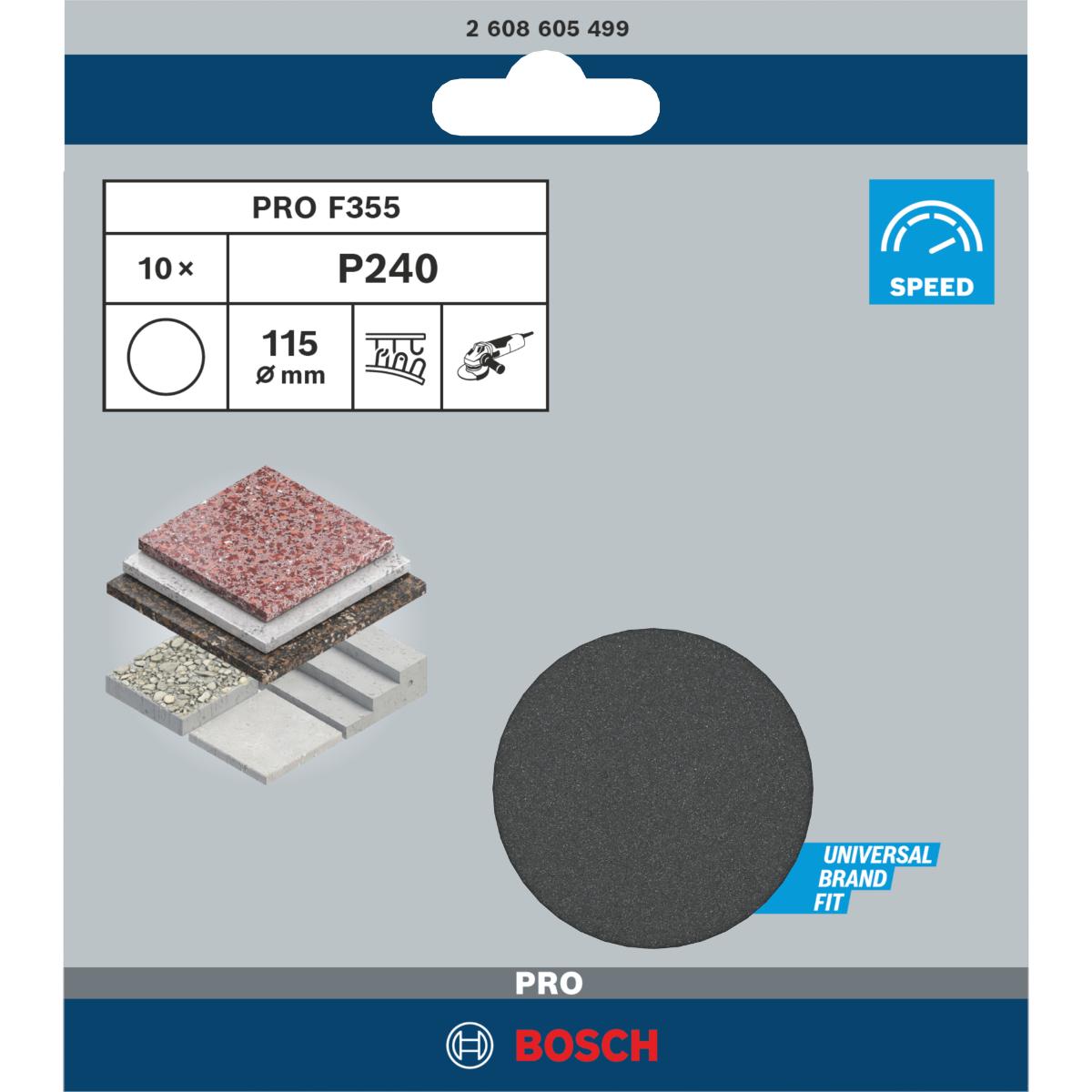 Bosch PRO Schleifblatt Papier F355, 115 mm, ungelocht, Klett, 10er-Pack