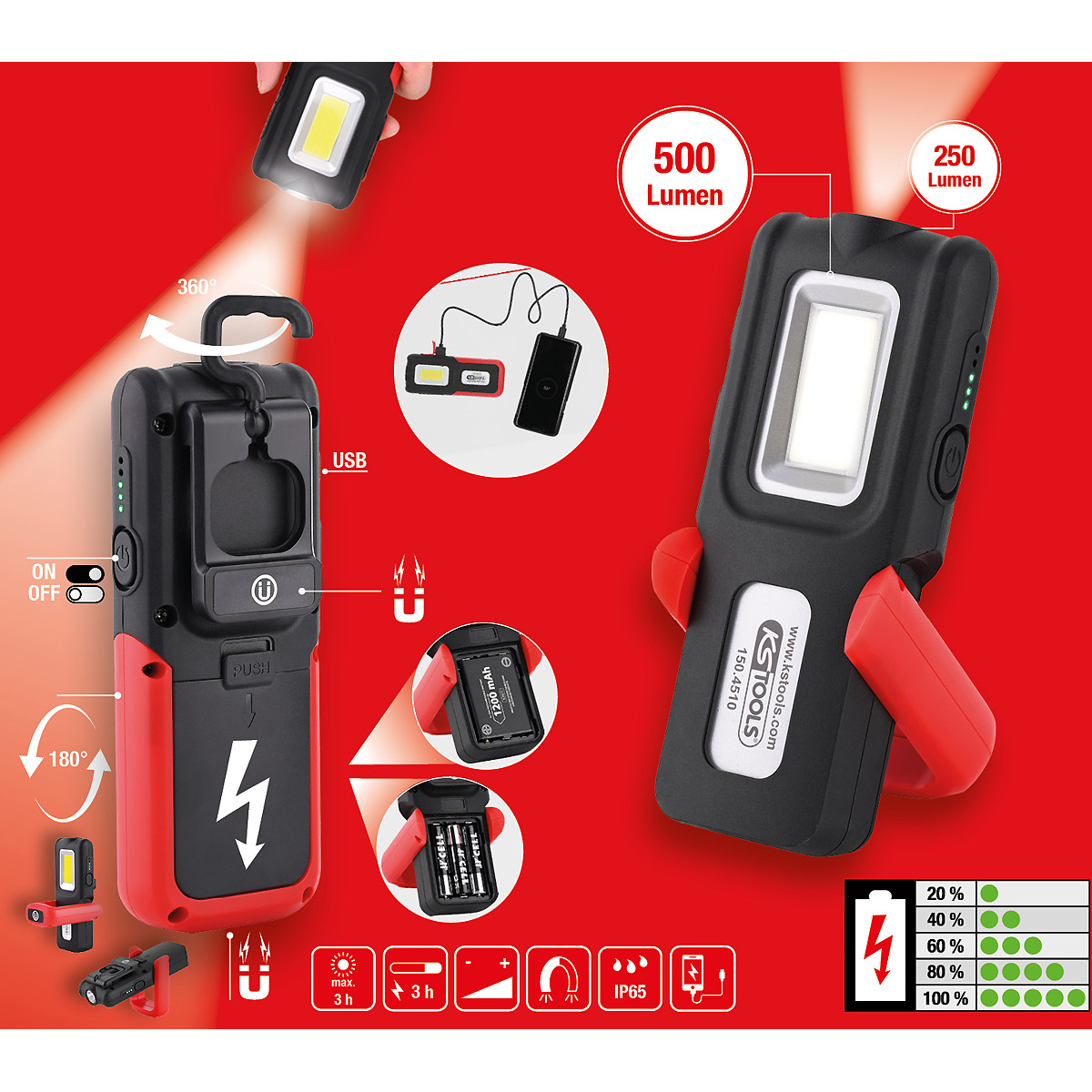 KS Tools Mobile Werkstatt-Handlampe, knickbar, 500 Lumen