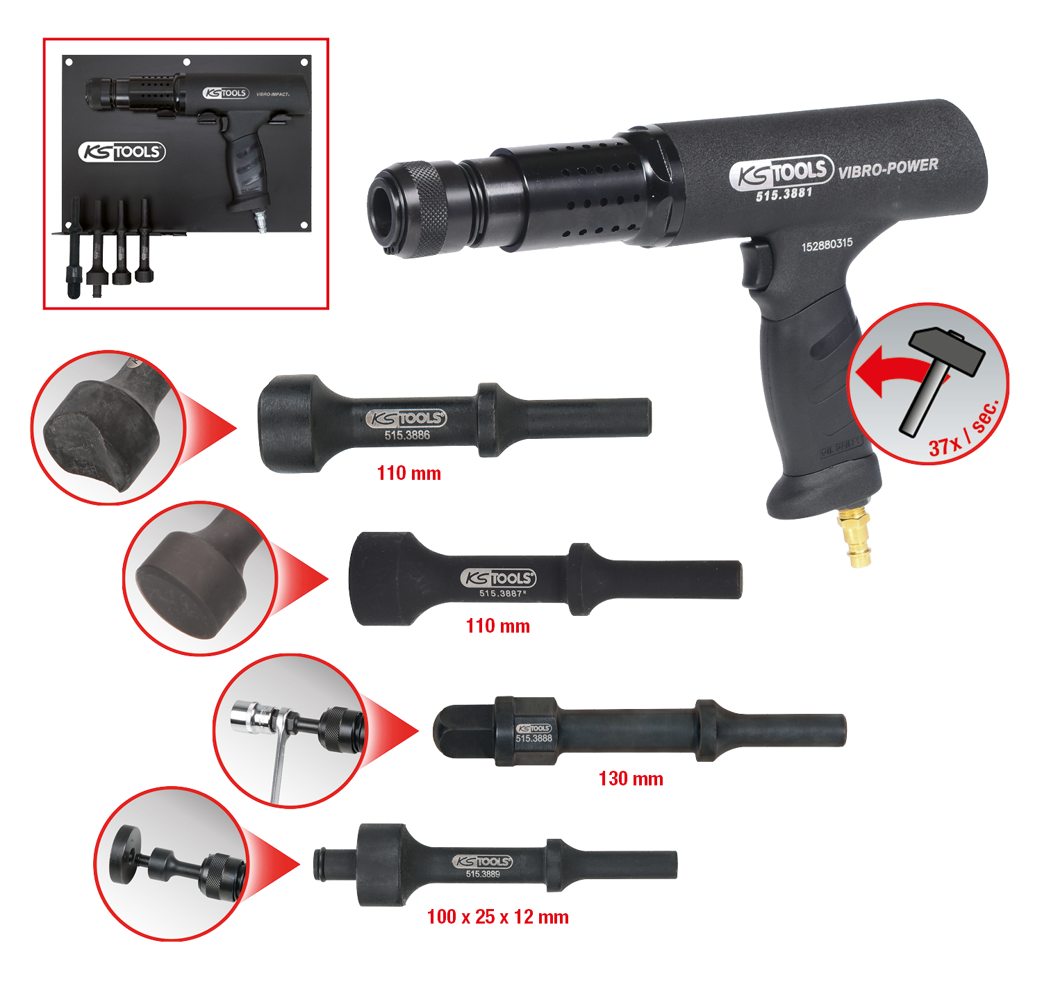 KS Tools Vibro-Impact Druckluft-Meißelhammer-Satz, 6-tlg