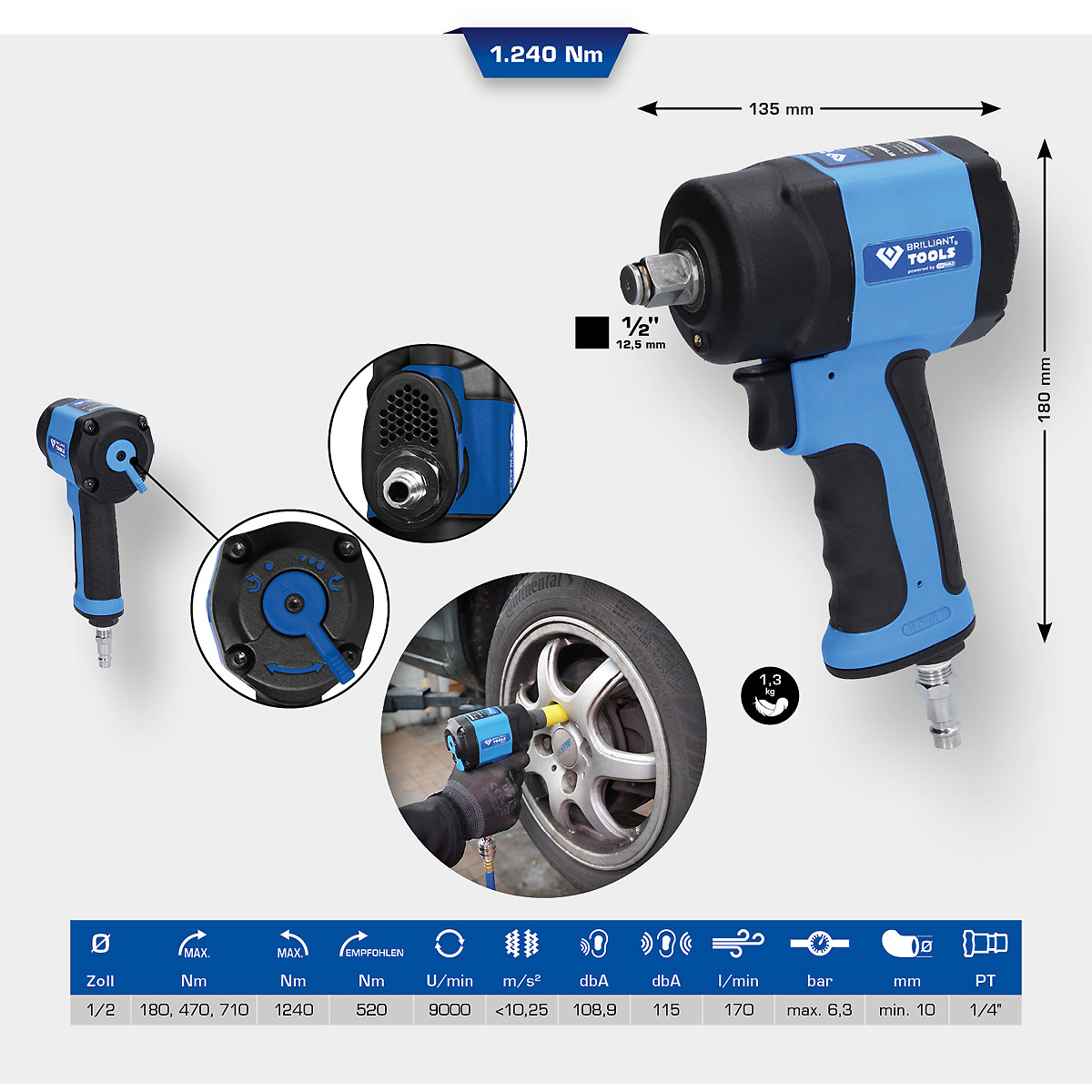 Brilliant Tools 1/2" Mini-Druckluft-Schlagschrauber, 1.240 Nm