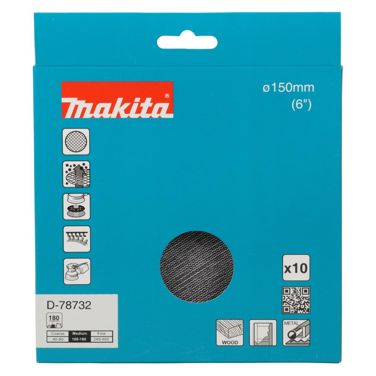 Makita Netzschleifmittel 150mm, Körnung A180,Klett, Gitter, 10 Stück
