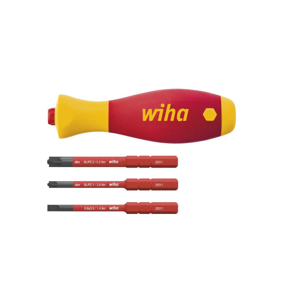 Wiha Schraubendreher mit Bithalter Set SoftFinish slimVario electric 4-teilges Set mit slimBits auf SB-Karte