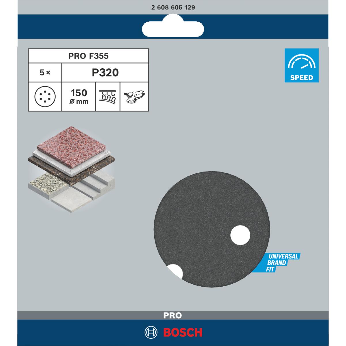 Bosch PRO Schleifblatt F355, 150 mm, 6 Löcher, Klett, 5er-Pack