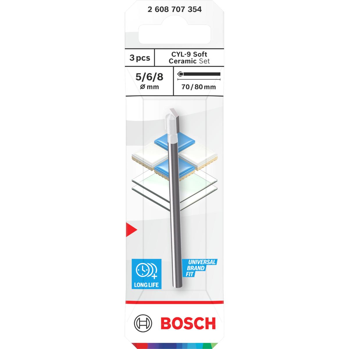 Bosch CYL-9 Soft Ceramic Bohrer-Set, 5 x 70, 6 x 80, 8 x 80 mm, 3-teiliges Set