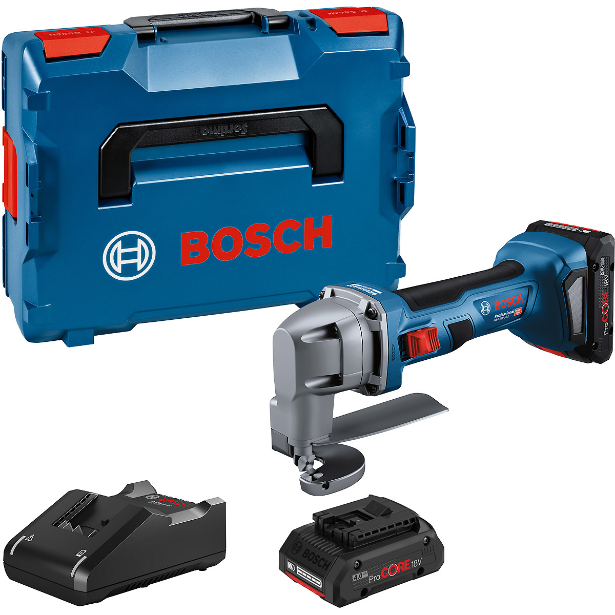 Bosch Akku-Blechschere GSC 18V-16 E, 2 x Akku ProCORE18V, Schnelladeg. u. L-BOXX