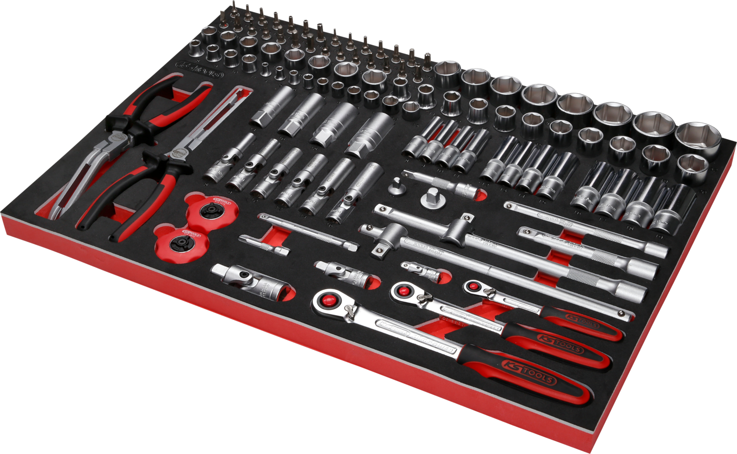 KS Tools 1-4'' + 3-8'' + 1-2'' Steckschlüssel-Satz in Schaumstoffeinlage, 111-tlg