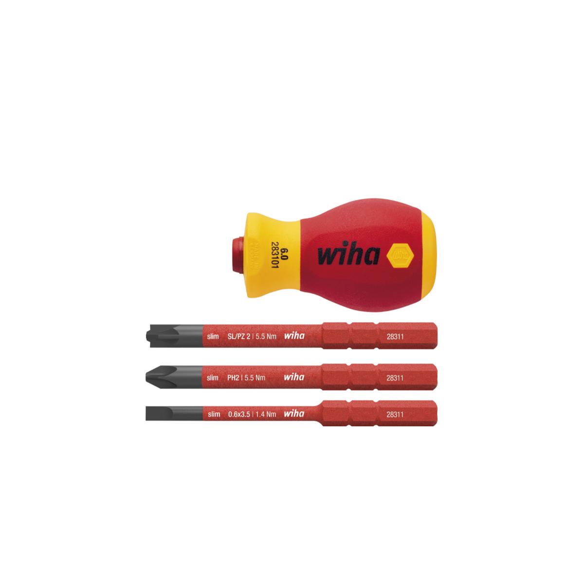 Wiha Schraubendreher mit Bithalter Set slimVario electric Stubby 4-teilges Set mit slimBits