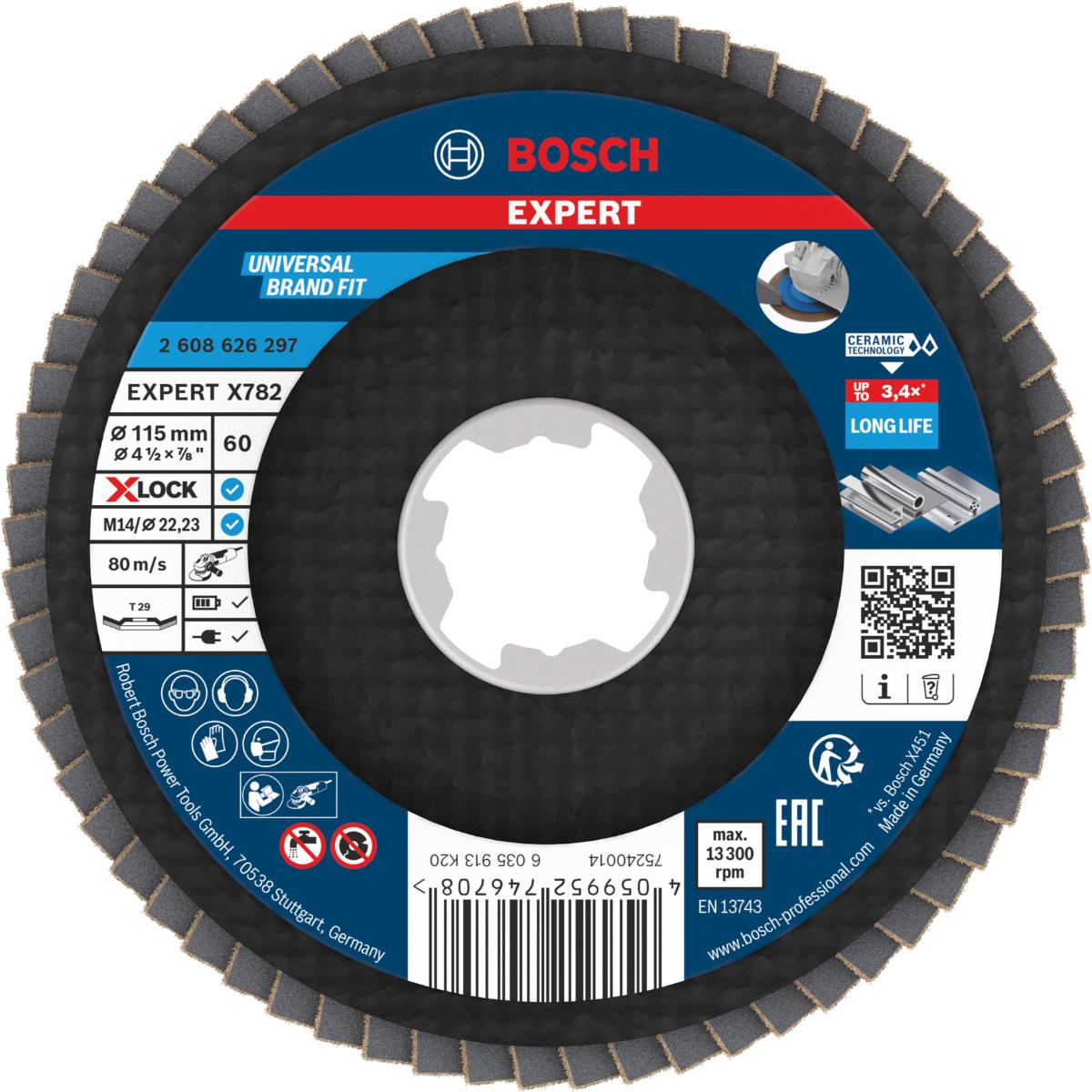 Bosch EXPERT X782 Fächerschleifscheibe, abgewinkelt, 115 mm, K60, X-Lock, trimm