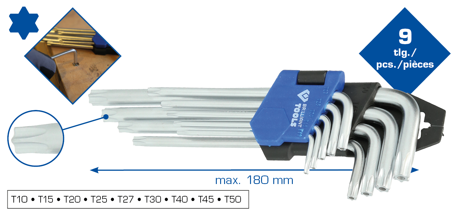 Brilliant Tools Winkelstiftschlüssel-Satz, 9-tlg, Torx-Profil, kurz - BT044009
