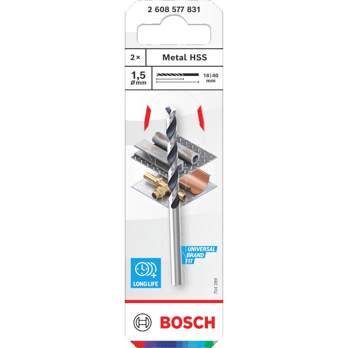 Bosch Metal HSS Spiralbohrer, 1,5 x 18 x 40 mm, CYL-Schaft, 2-Stück
