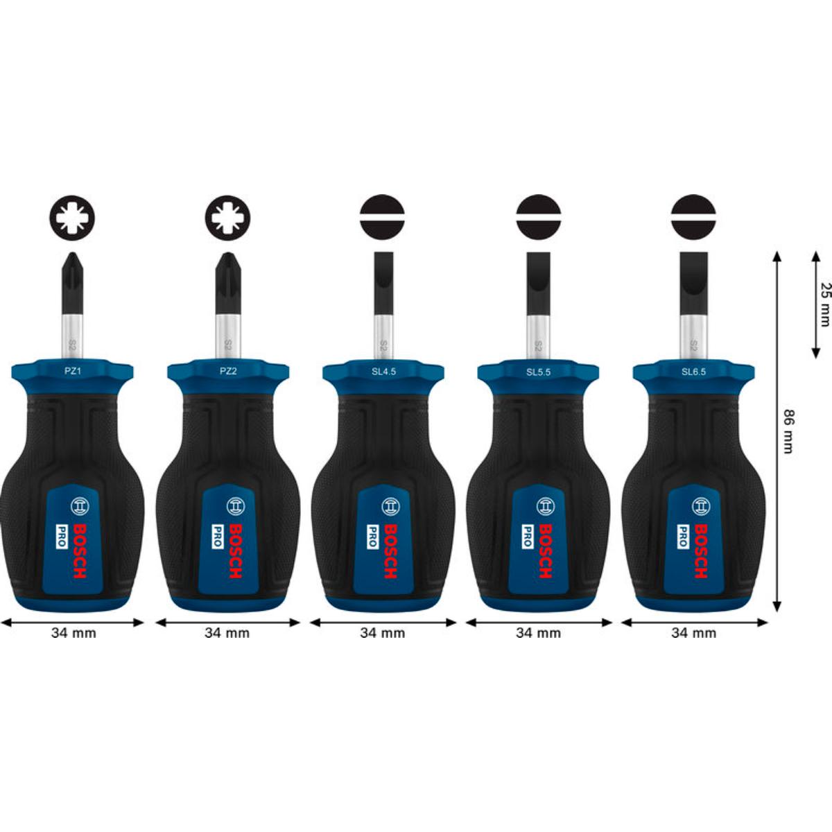 Bosch PRO Stubby-Schraubendreher PZ/SL, 5-teilges Set