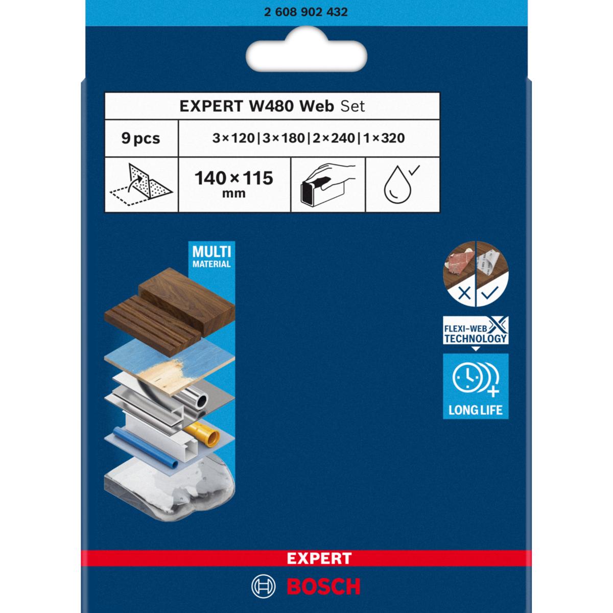 Bosch EXPERT Schleifblatt ExW480 web 1 x 320,2 x 240,3 x 120,3 x 180 - 9 teiliges Set