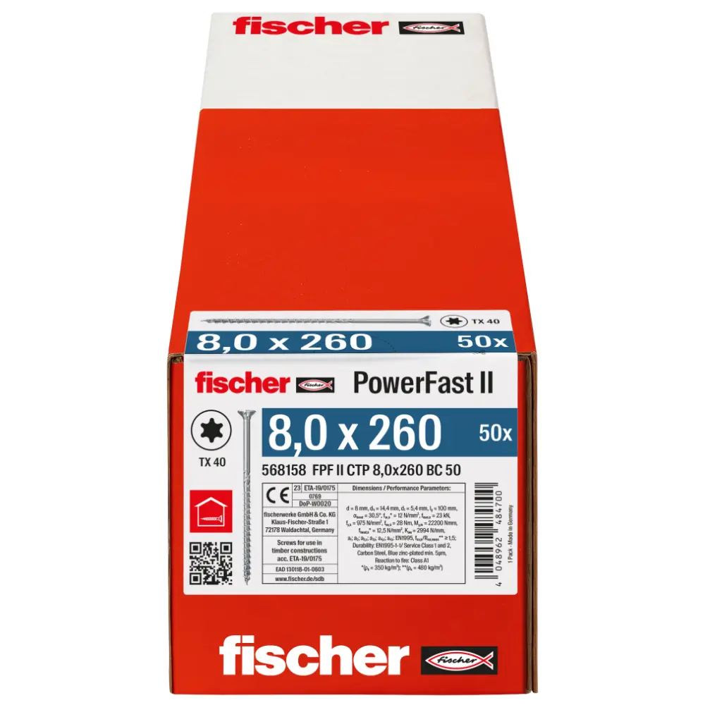 Fischer Holzbauschraube 8,0x260 FPF II CTP BC, Senkkopf, Innenstern TX, Teilgewinde, blauverzinkt