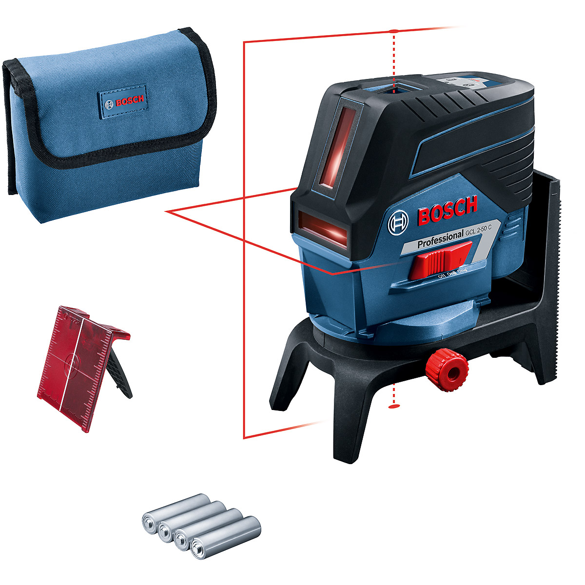 Bosch Kombilaser GCL 2-50 C, mit 4 x 1,5-V-LR6-(AA)-Batterien, Akku-Adapter, RM 2