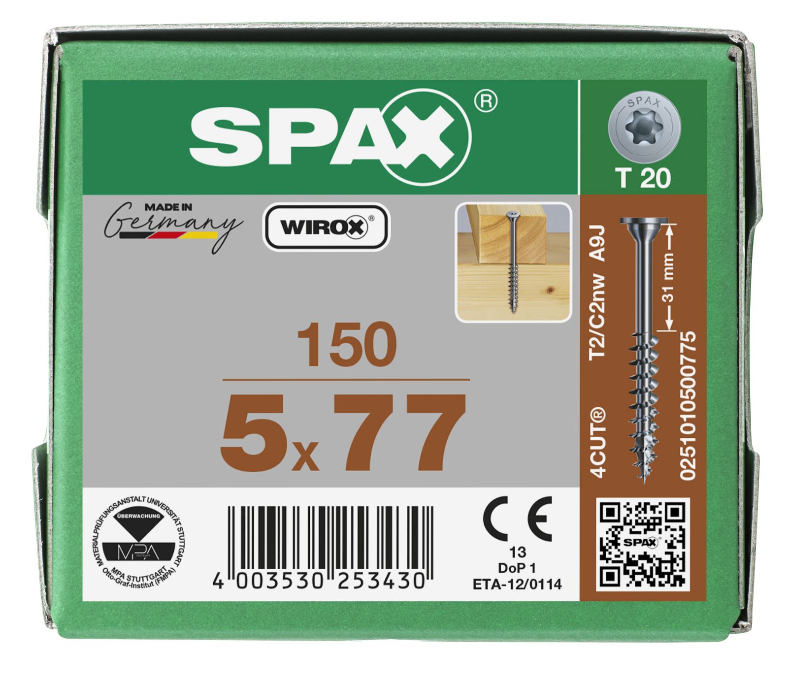 SPAX Tellerkopf ohne Linse T-Star Plus T20 Gewindelänge 46 mm WIROX, 150 Stück