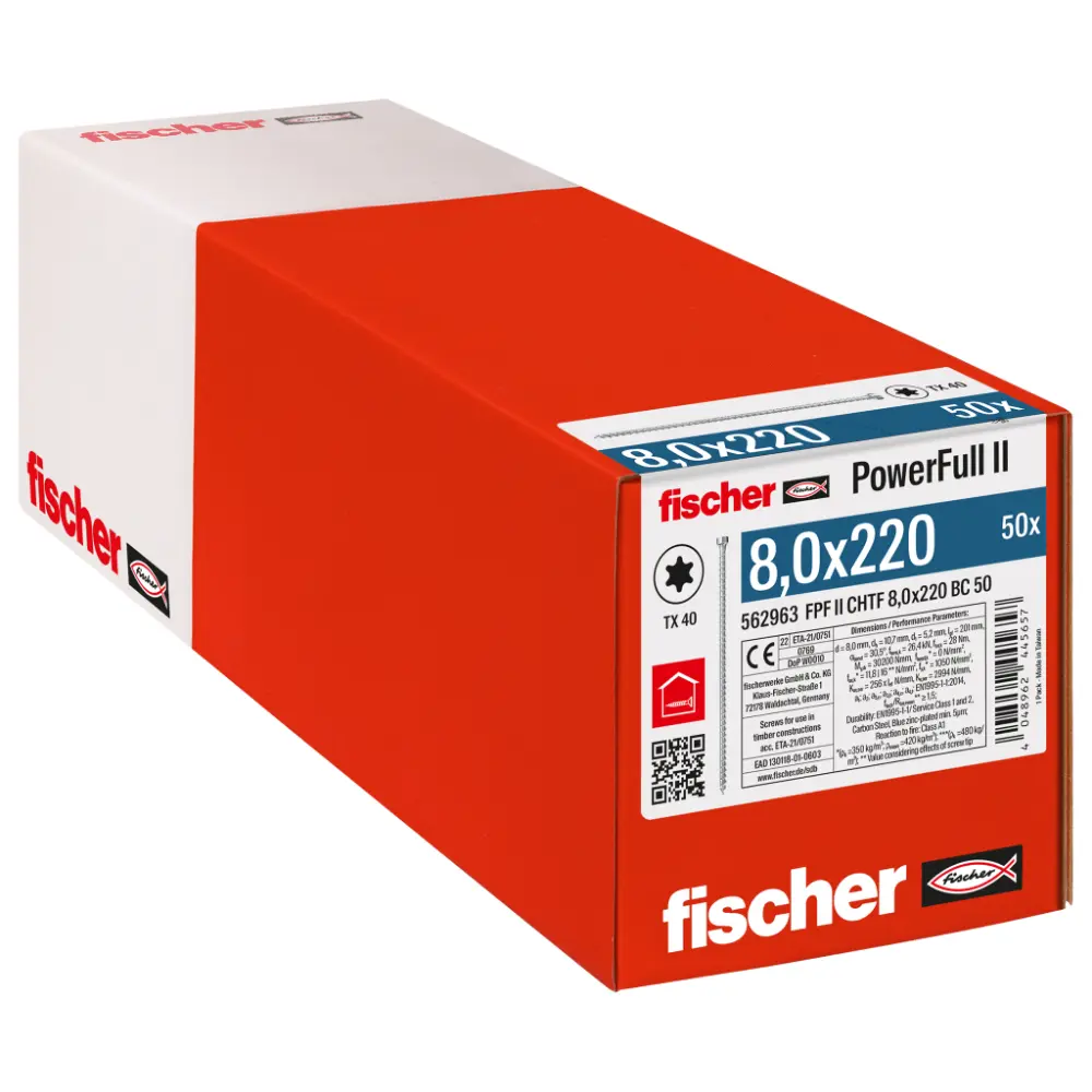 Fischer Vollgewindeschraube 8,0x220 PowerFull FPF II CHTF 6/8 BC, Vollgewinde, Zylinderkopf, TX