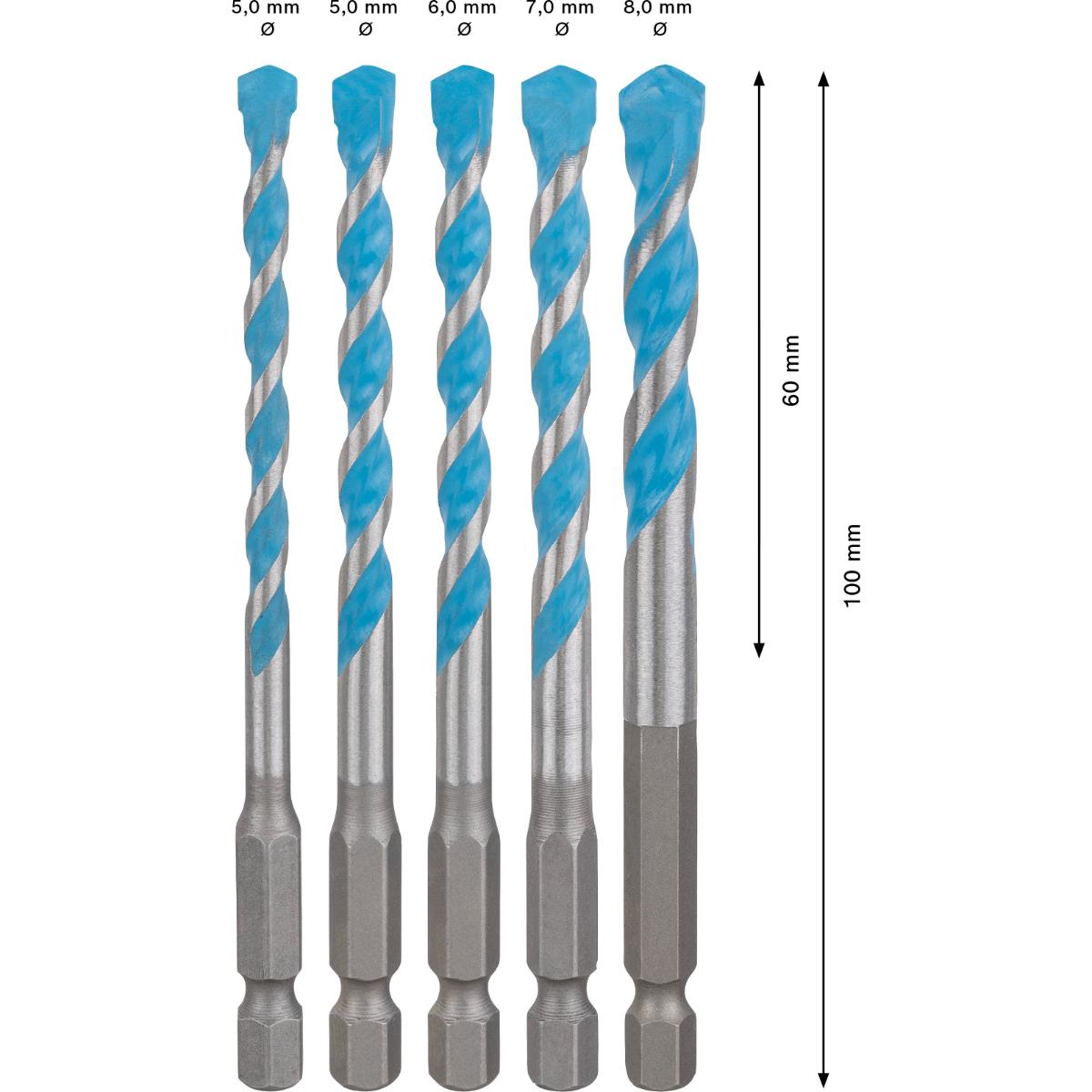 Bosch EXPERT HEX-9 Multi Construction Bohrer D= 5,5 / 6 / 6 / 7 / 8 mm, 5-teiliges Set