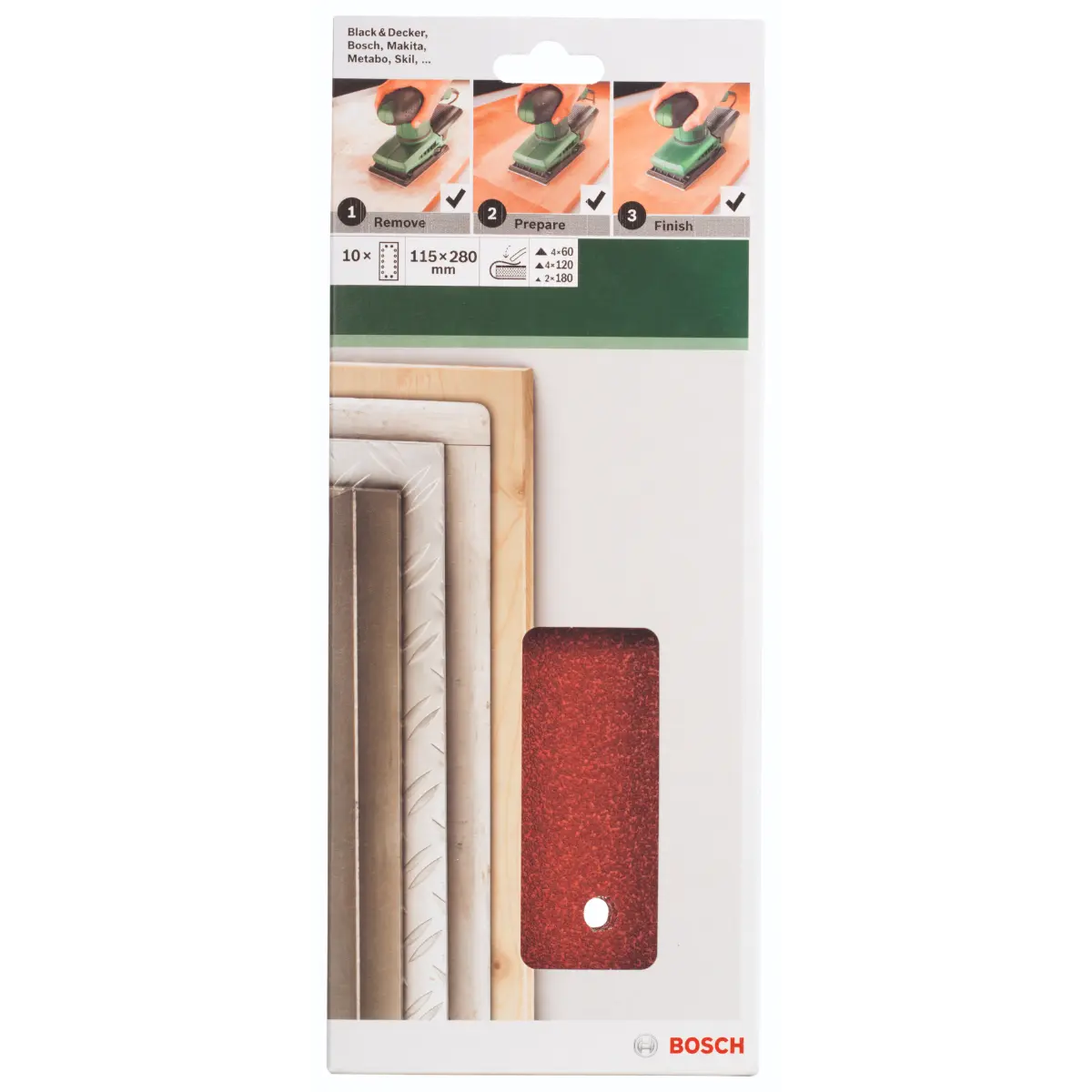 Bosch Schleifblatt-Set für Schwingschleifer K=60/120/180, 115x280 mm, 14 Loch, 10-tlg.