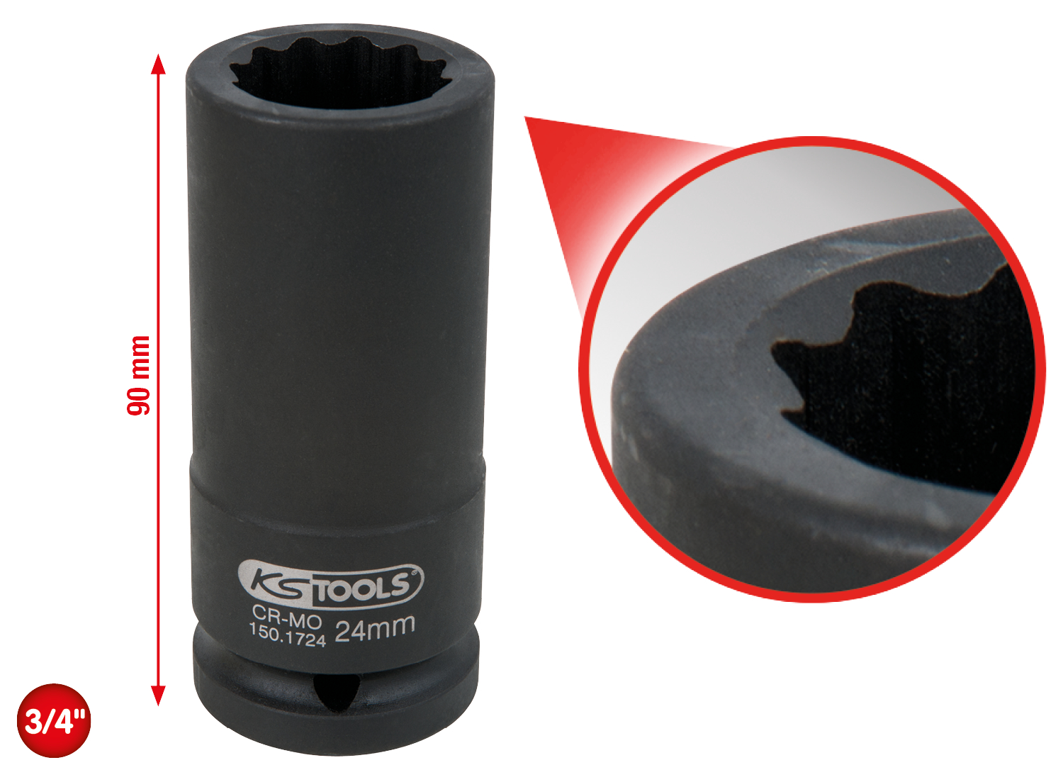 KS Tools 3/4" 12-kant-Antriebswellen-Kraftstecknuss, lang, 24mm